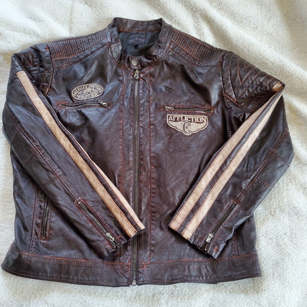 Affliction American Customs Motor Sports Leather Jacket, Sz 2XL